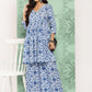Janasya Women's Light Blue Cotton Botanical Printed Flared Party Tunic Set - Swadesiicart