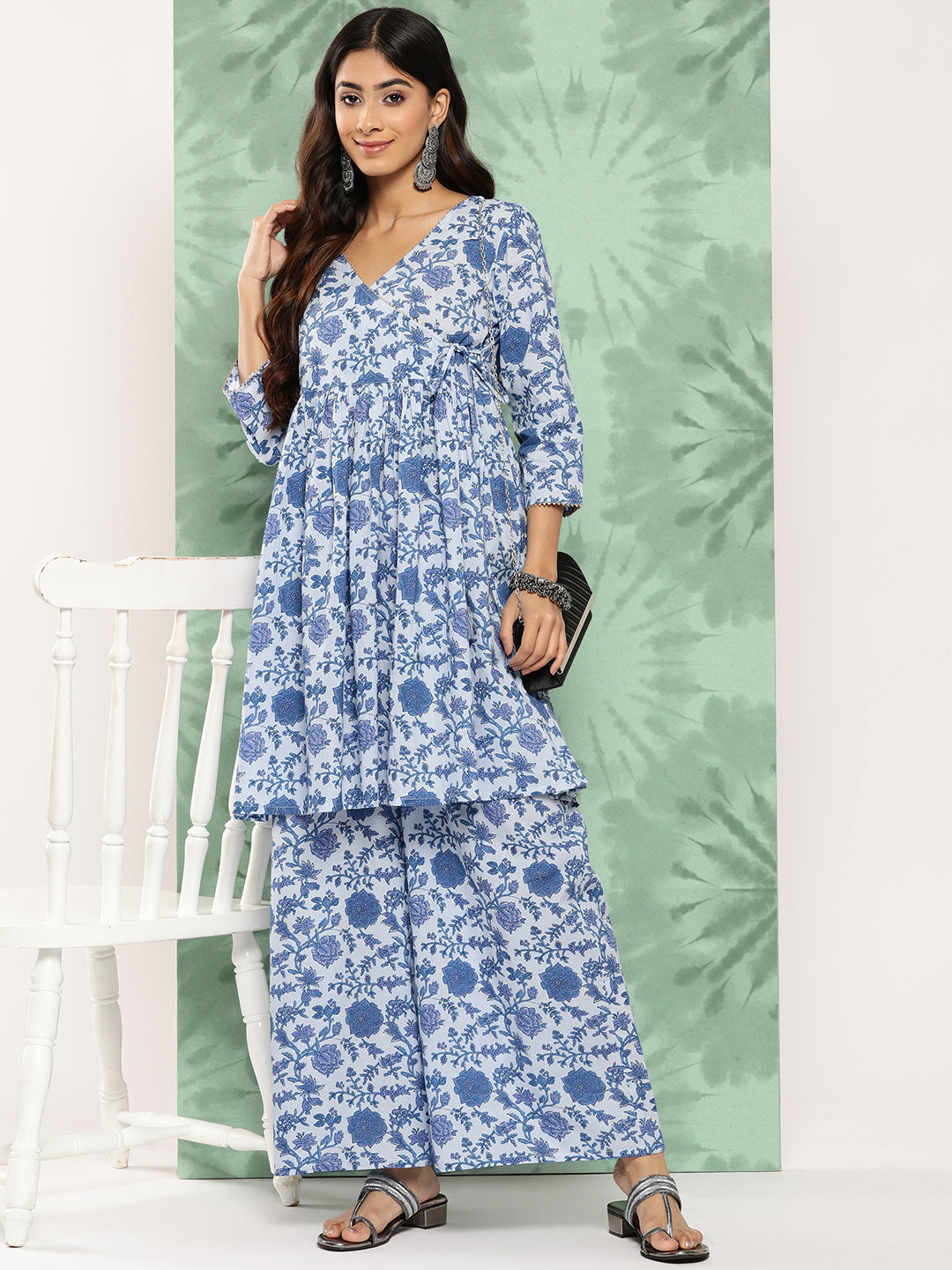 Janasya Women's Light Blue Cotton Botanical Printed Flared Party Tunic Set - Swadesiicart
