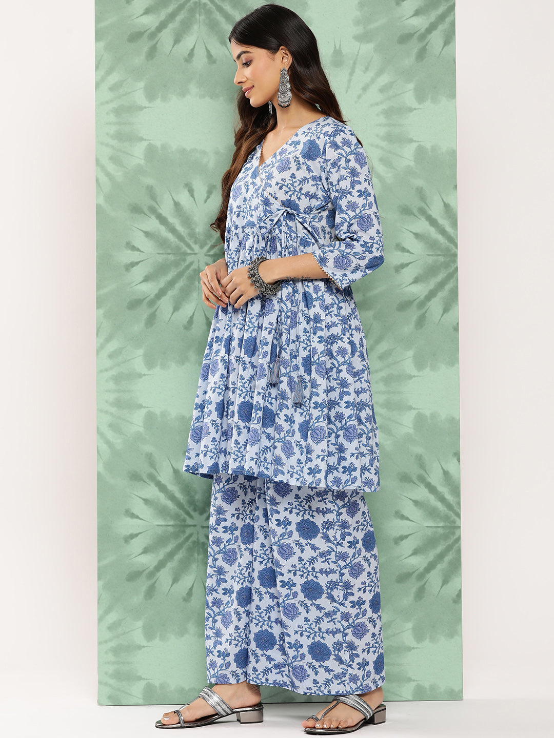 Janasya Women's Light Blue Cotton Botanical Printed Flared Party Tunic Set - Swadesiicart