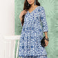 Janasya Women's Light Blue Cotton Botanical Printed Flared Party Tunic Set - Swadesiicart