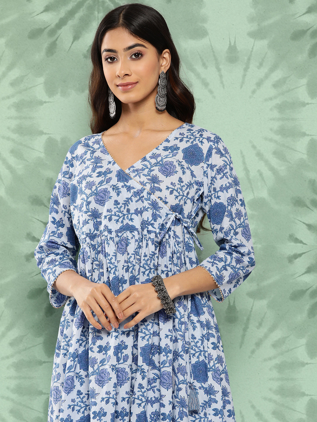 Janasya Women's Light Blue Cotton Botanical Printed Flared Party Tunic Set - Swadesiicart