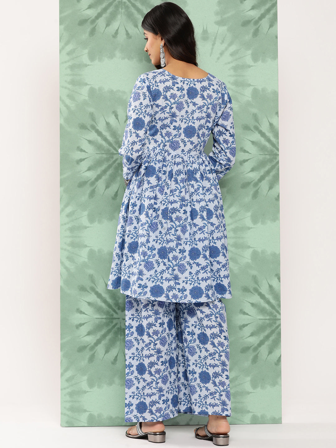 Janasya Women's Light Blue Cotton Botanical Printed Flared Party Tunic Set - Swadesiicart