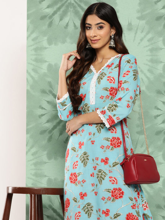 Janasya Women's Sky Blue Cotton Floral Printed Straight Casual Kurta Set | Swadesiicart