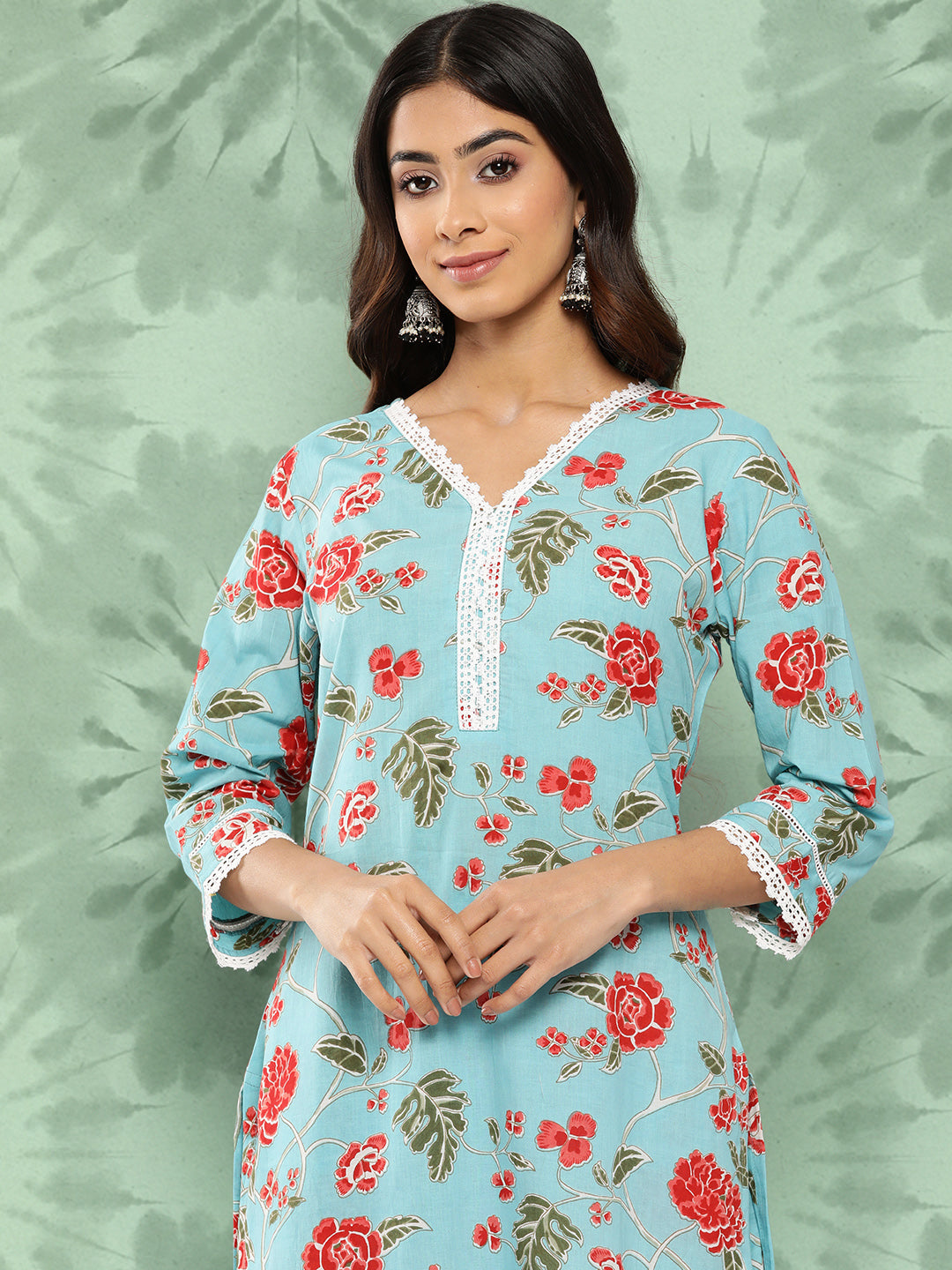 Janasya Women's Sky Blue Cotton Floral Printed Straight Casual Kurta Set | Swadesiicart