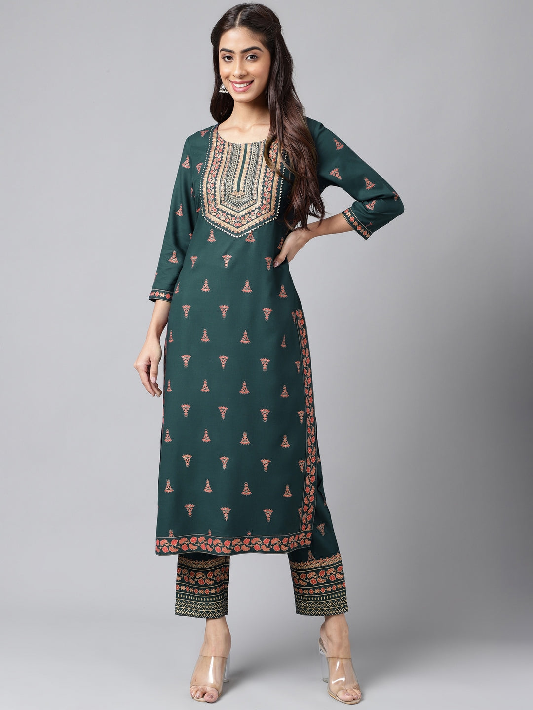 Janasya Women's Teal Green Rayon Foil Printed Straight Casual Kurta Set | Swadesiicart