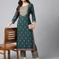 Janasya Women's Teal Green Rayon Foil Printed Straight Casual Kurta Set | Swadesiicart