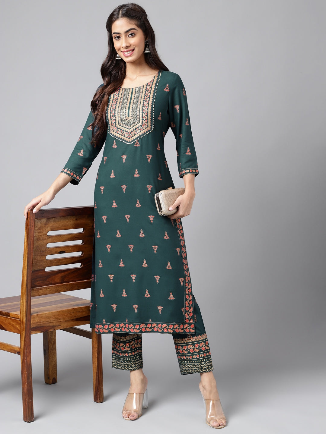 Janasya Women's Teal Green Rayon Foil Printed Straight Casual Kurta Set | Swadesiicart