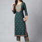 Janasya Women's Teal Green Rayon Foil Printed Straight Casual Kurta Set | Swadesiicart