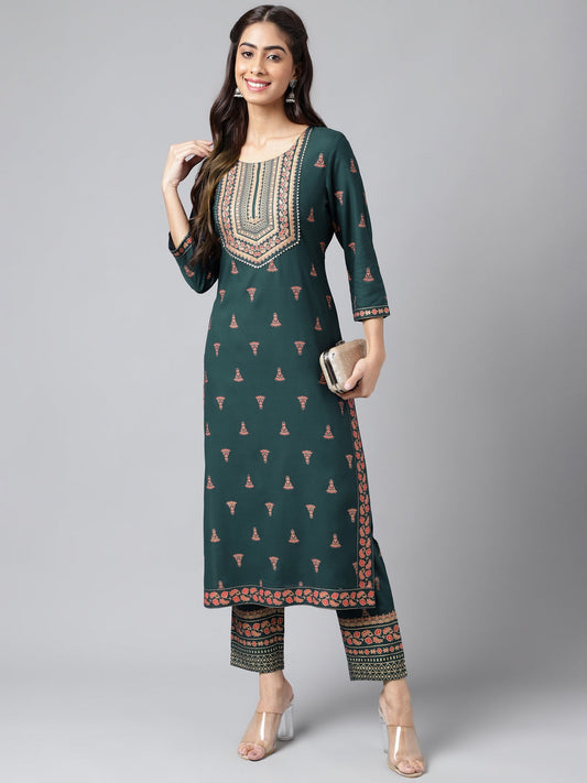 Janasya Women's Teal Green Rayon Foil Printed Straight Casual Kurta Set | Swadesiicart