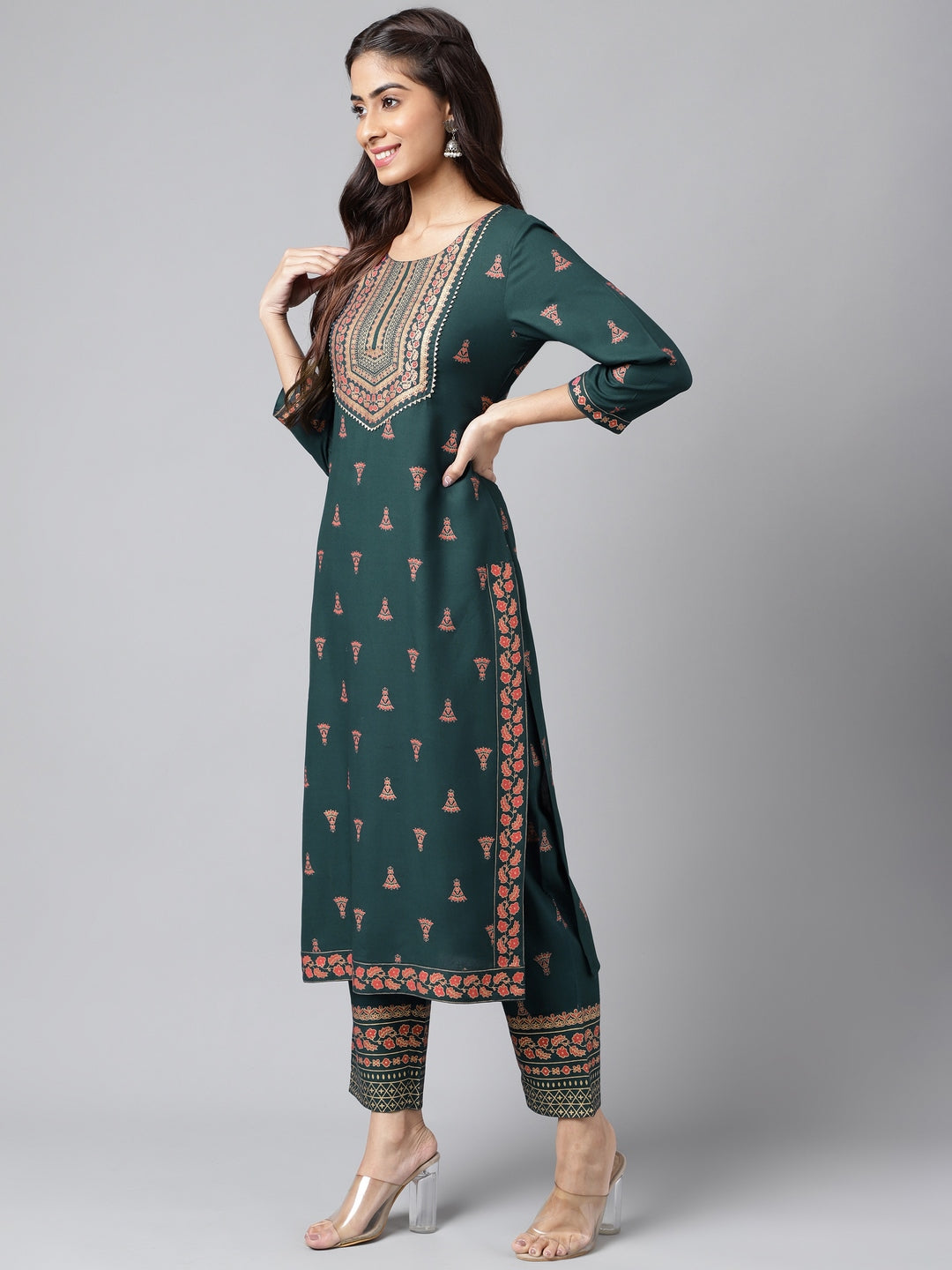 Janasya Women's Teal Green Rayon Foil Printed Straight Casual Kurta Set | Swadesiicart