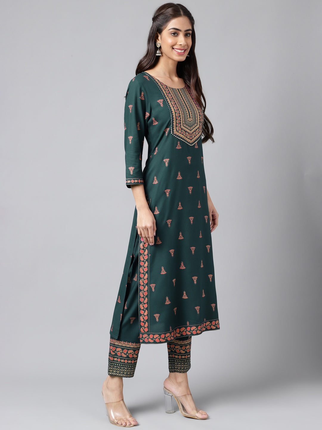 Janasya Women's Teal Green Rayon Foil Printed Straight Casual Kurta Set | Swadesiicart
