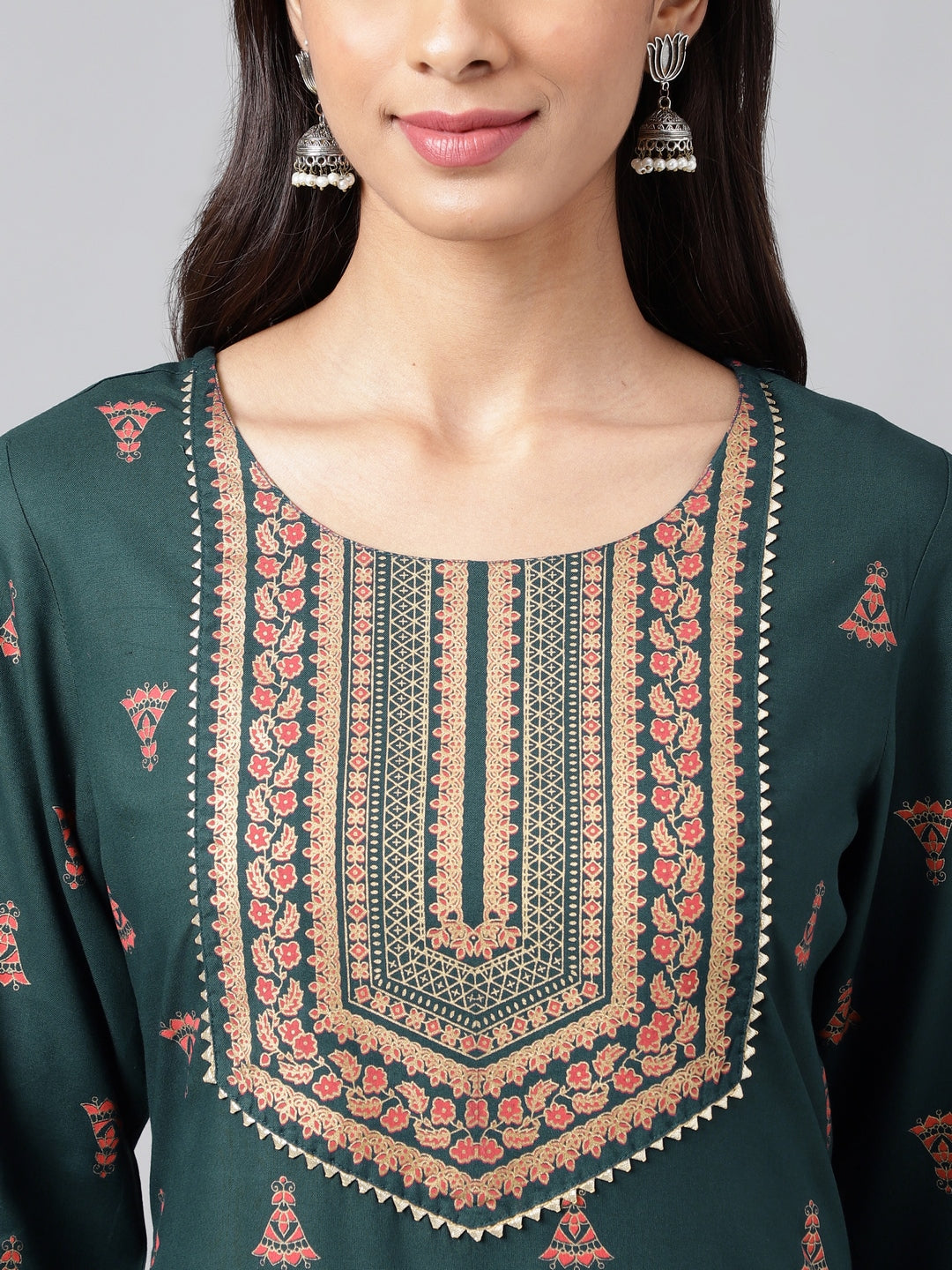 Janasya Women's Teal Green Rayon Foil Printed Straight Casual Kurta Set | Swadesiicart