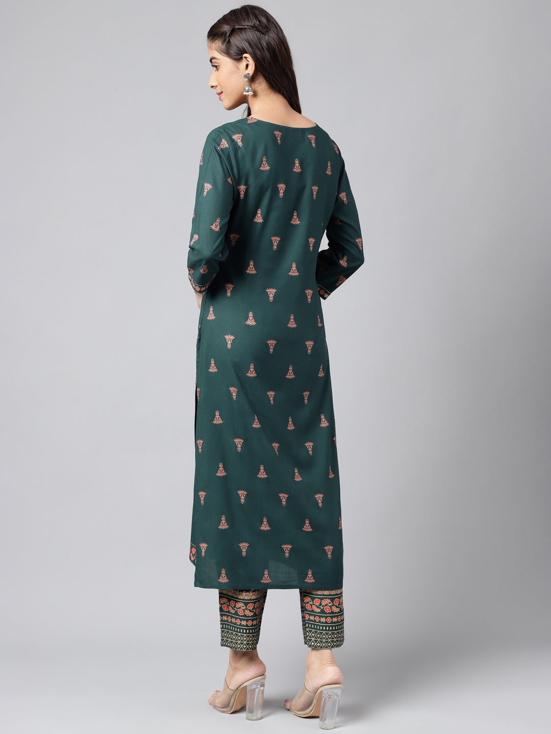 Janasya Women's Teal Green Rayon Foil Printed Straight Casual Kurta Set | Swadesiicart