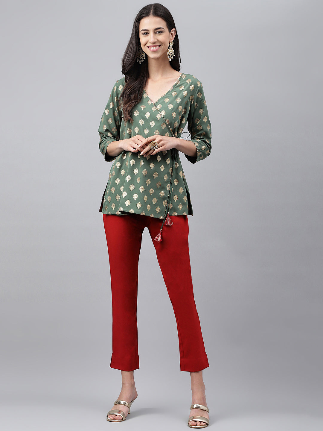 Janasya Women's Green Crepe Foil Printed Angrakha Casual Top Set - Swadesiicart