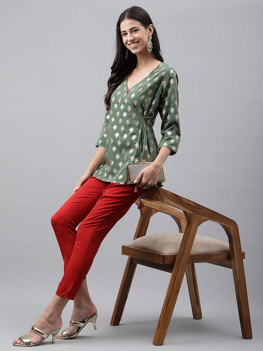 Janasya Women's Green Crepe Foil Printed Angrakha Casual Top Set - Swadesiicart