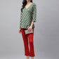 Janasya Women's Green Crepe Foil Printed Angrakha Casual Top Set - Swadesiicart