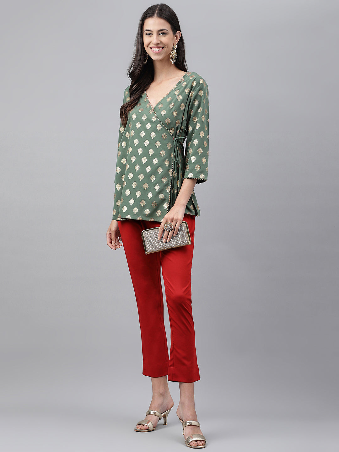 Janasya Women's Green Crepe Foil Printed Angrakha Casual Top Set - Swadesiicart