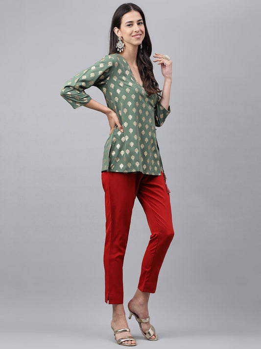 Janasya Women's Green Crepe Foil Printed Angrakha Casual Top Set - Swadesiicart