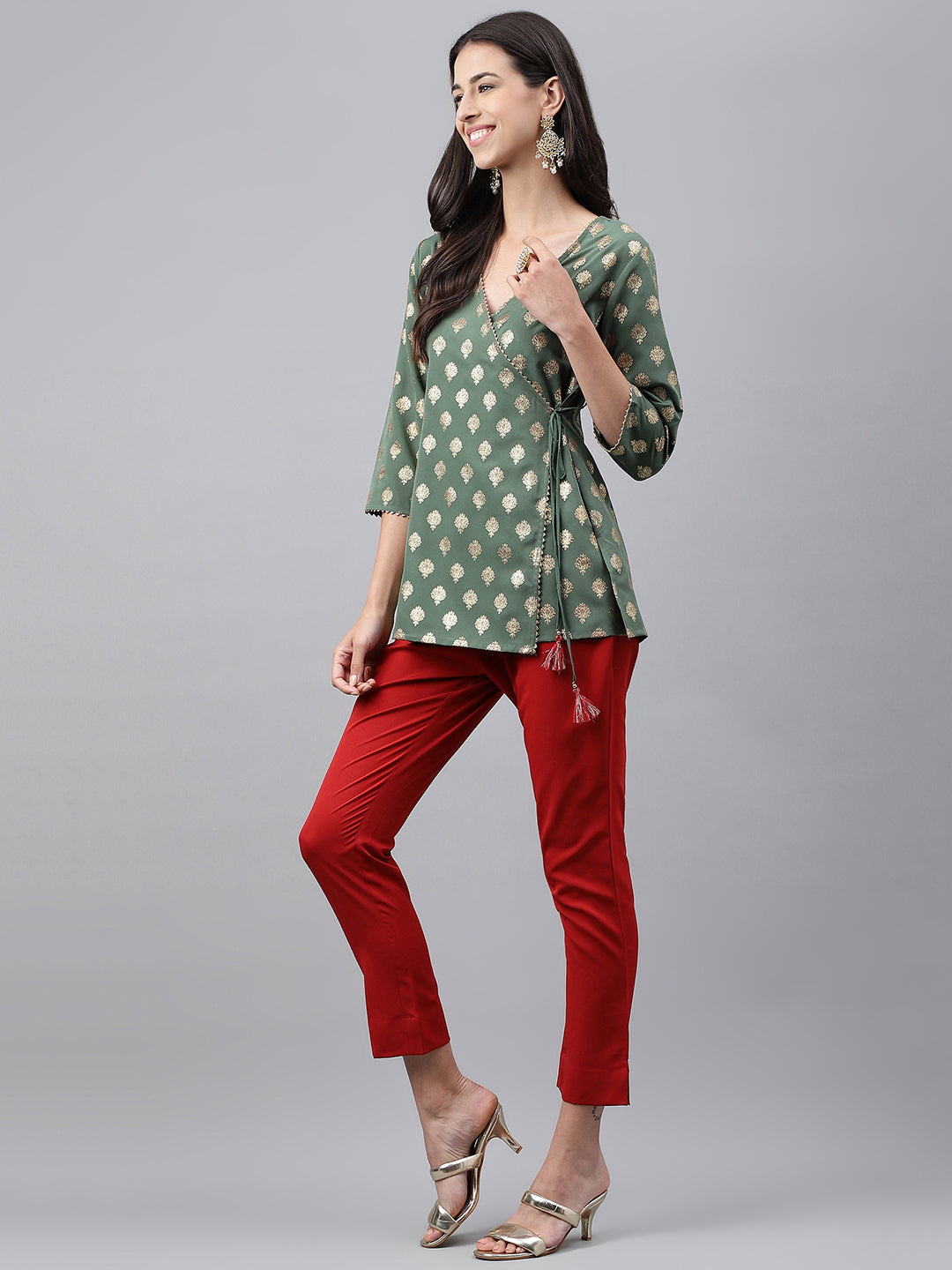 Janasya Women's Green Crepe Foil Printed Angrakha Casual Top Set - Swadesiicart