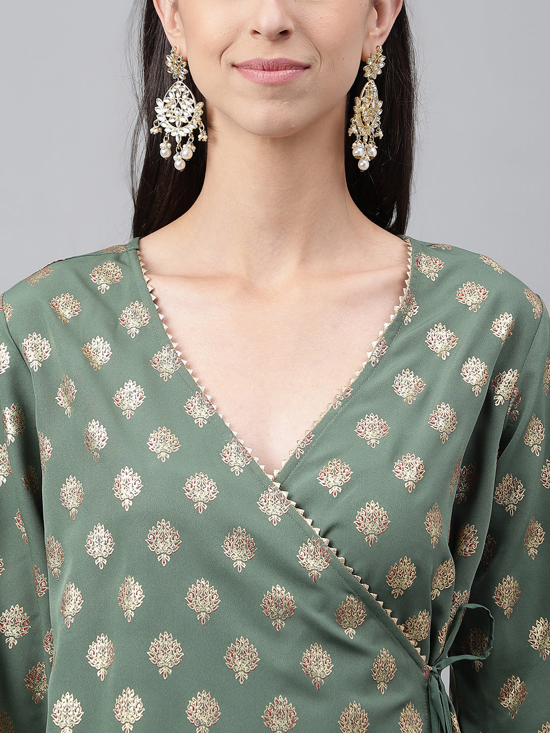 Janasya Women's Green Crepe Foil Printed Angrakha Casual Top Set - Swadesiicart