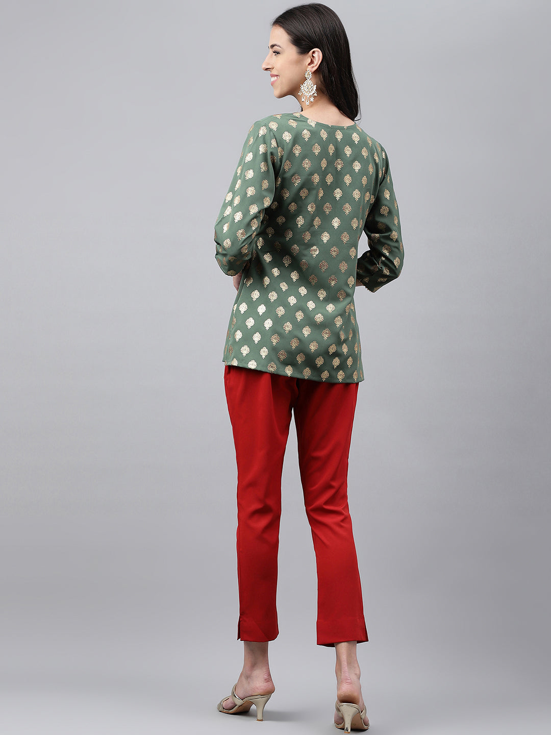 Janasya Women's Green Crepe Foil Printed Angrakha Casual Top Set - Swadesiicart