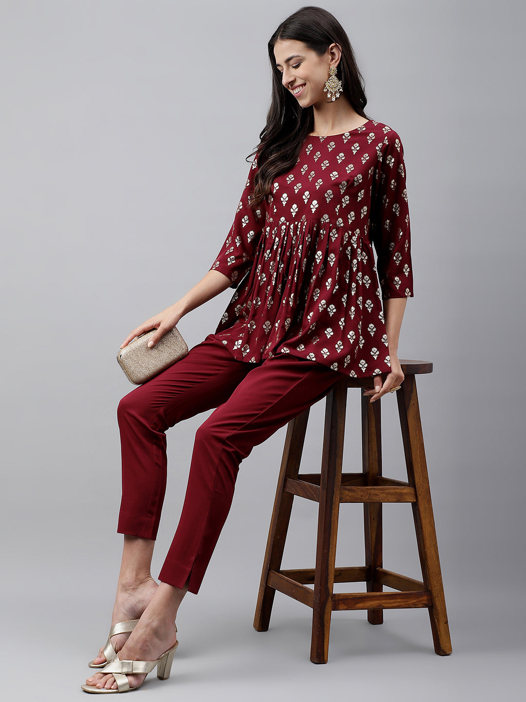 Janasya Women's Wine Crepe Foil Printed Flared Festive Top Set | Swadesiicart