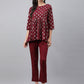 Janasya Women's Wine Crepe Foil Printed Flared Festive Top Set | Swadesiicart