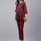 Janasya Women's Wine Crepe Foil Printed Flared Festive Top Set | Swadesiicart