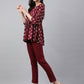 Janasya Women's Wine Crepe Foil Printed Flared Festive Top Set | Swadesiicart