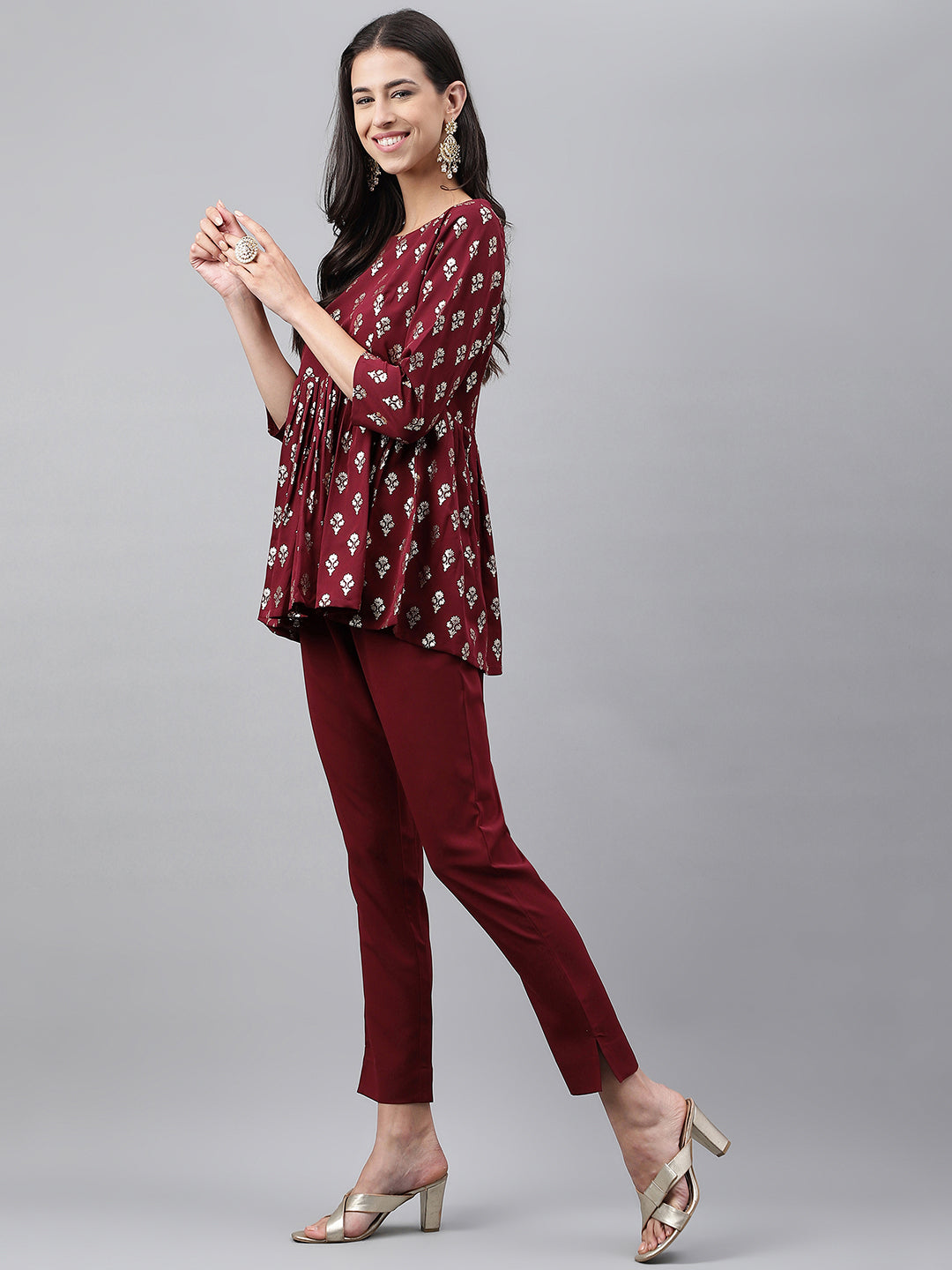 Janasya Women's Wine Crepe Foil Printed Flared Festive Top Set | Swadesiicart
