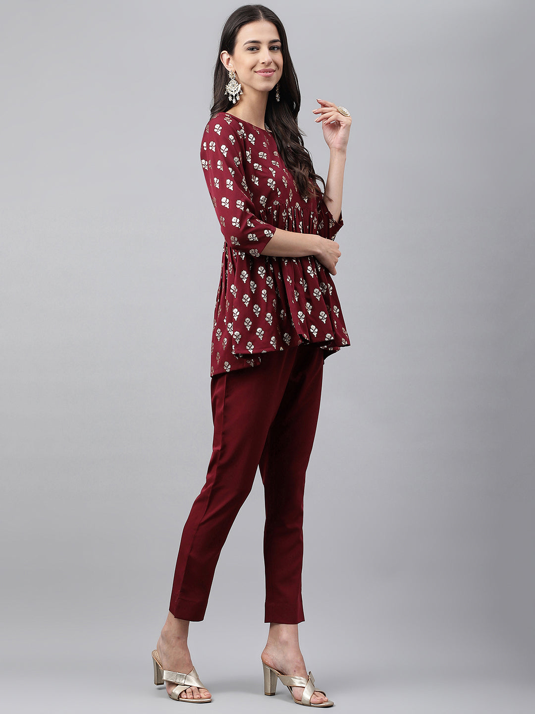 Janasya Women's Wine Crepe Foil Printed Flared Festive Top Set | Swadesiicart
