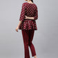 Janasya Women's Wine Crepe Foil Printed Flared Festive Top Set | Swadesiicart