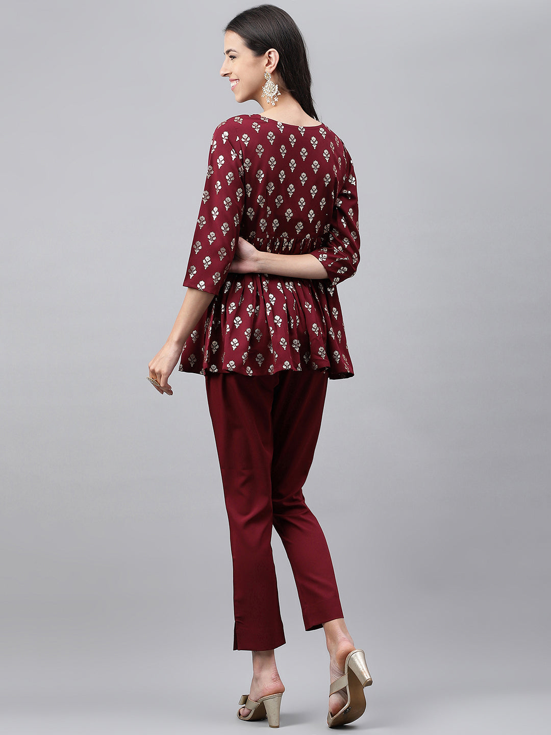 Janasya Women's Wine Crepe Foil Printed Flared Festive Top Set | Swadesiicart
