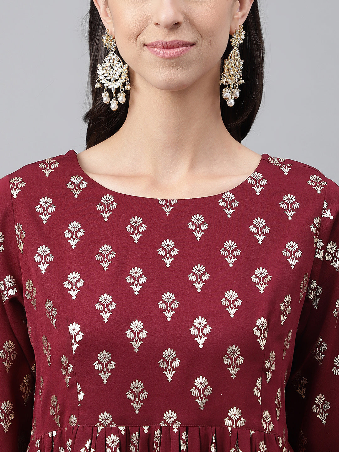 Janasya Women's Wine Crepe Foil Printed Flared Festive Top Set | Swadesiicart