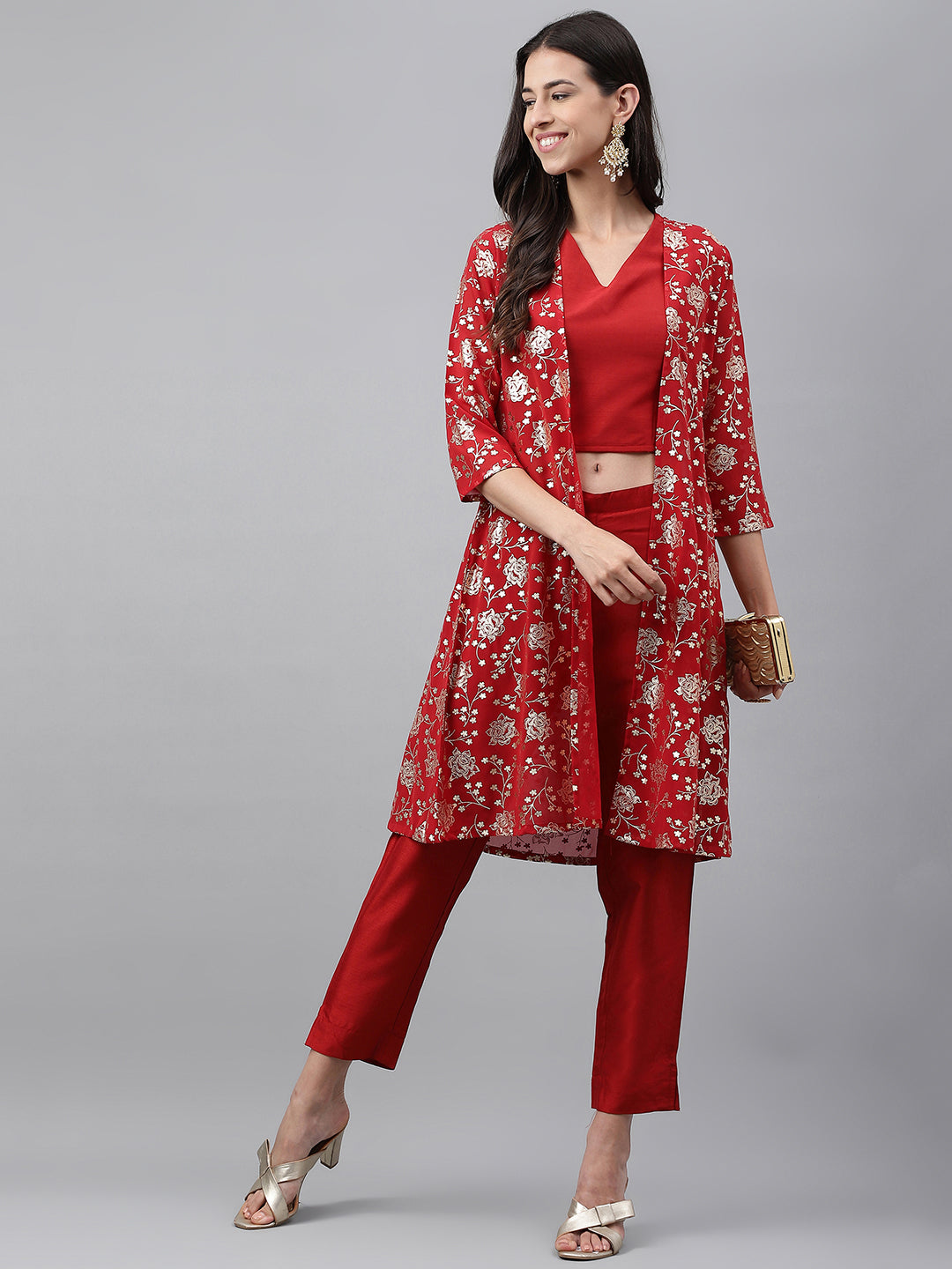Janasya Women's Red Crepe Silk Solid Crop Top Festive Top Set - Swadesiicart
