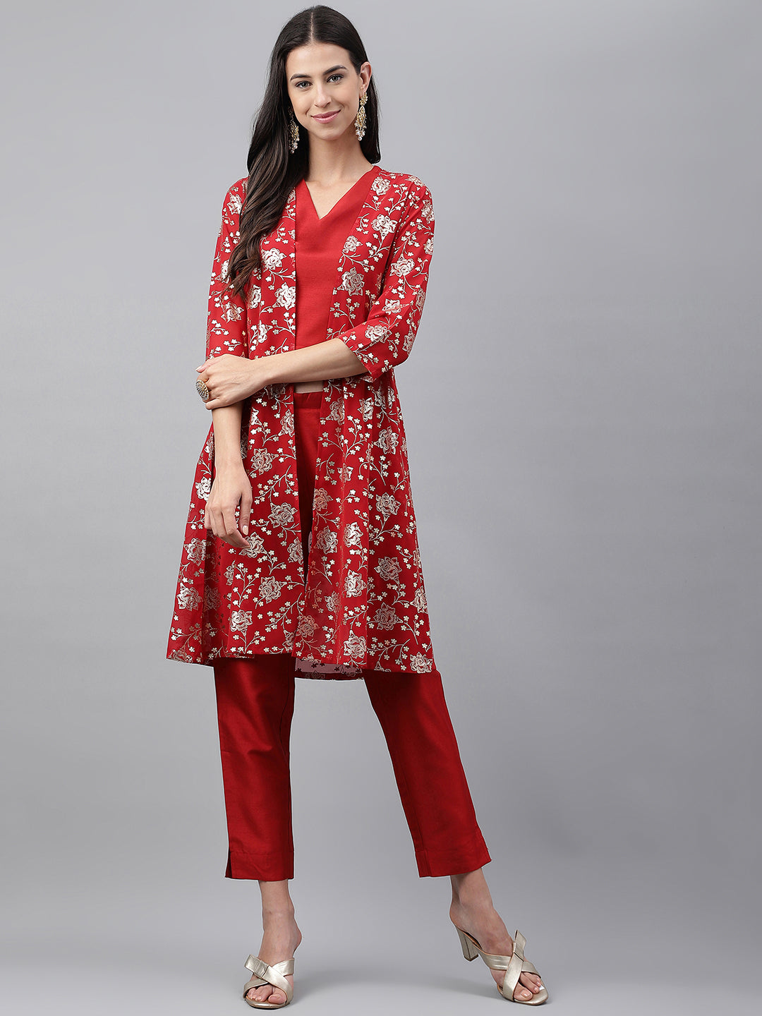 Janasya Women's Red Crepe Silk Solid Crop Top Festive Top Set - Swadesiicart