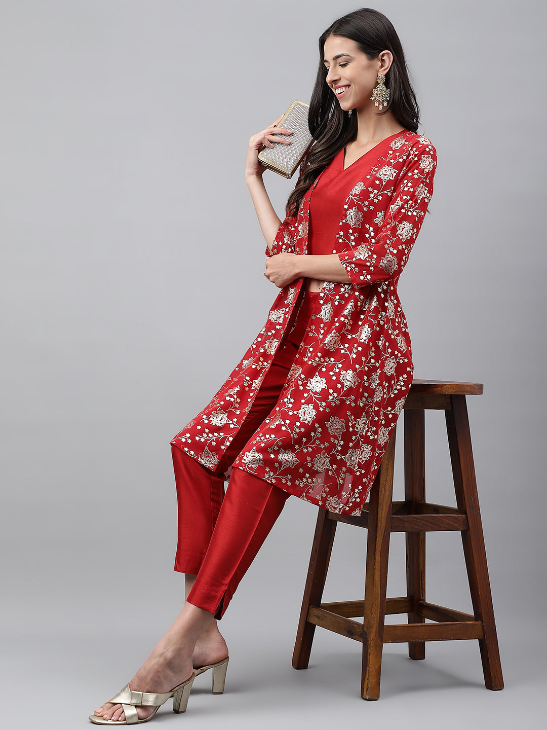 Janasya Women's Red Crepe Silk Solid Crop Top Festive Top Set - Swadesiicart