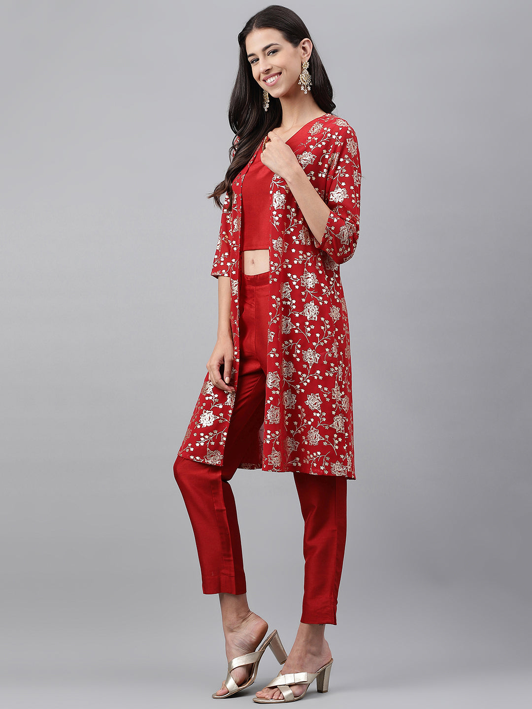 Janasya Women's Red Crepe Silk Solid Crop Top Festive Top Set - Swadesiicart