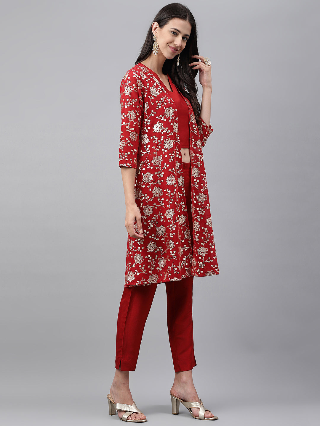 Janasya Women's Red Crepe Silk Solid Crop Top Festive Top Set - Swadesiicart