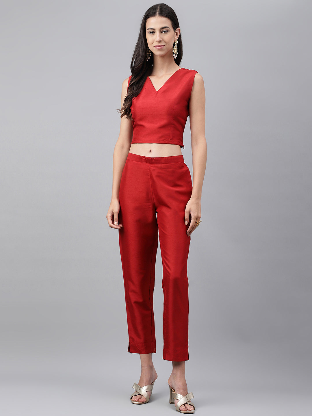 Janasya Women's Red Crepe Silk Solid Crop Top Festive Top Set - Swadesiicart