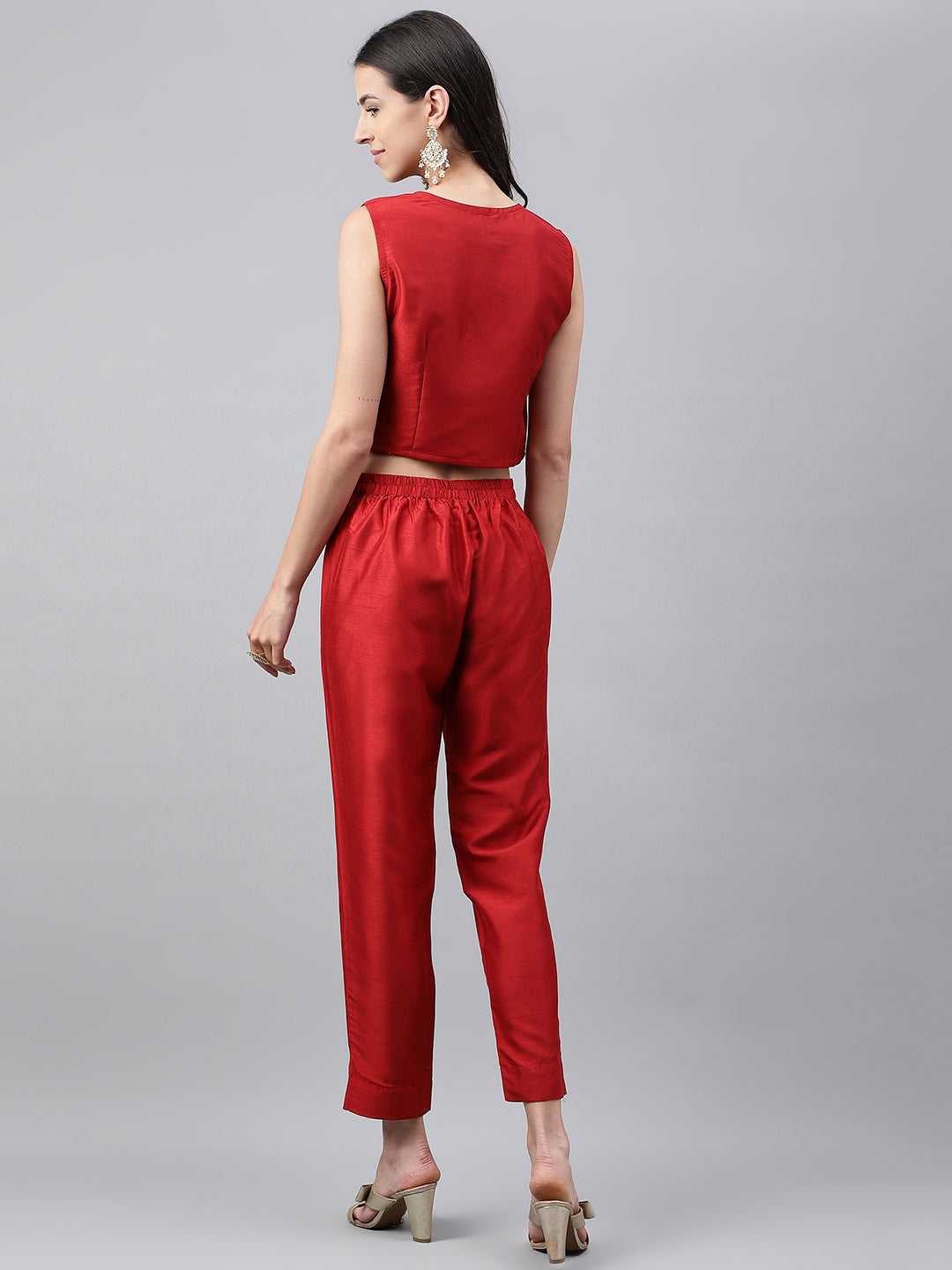 Janasya Women's Red Crepe Silk Solid Crop Top Festive Top Set - Swadesiicart