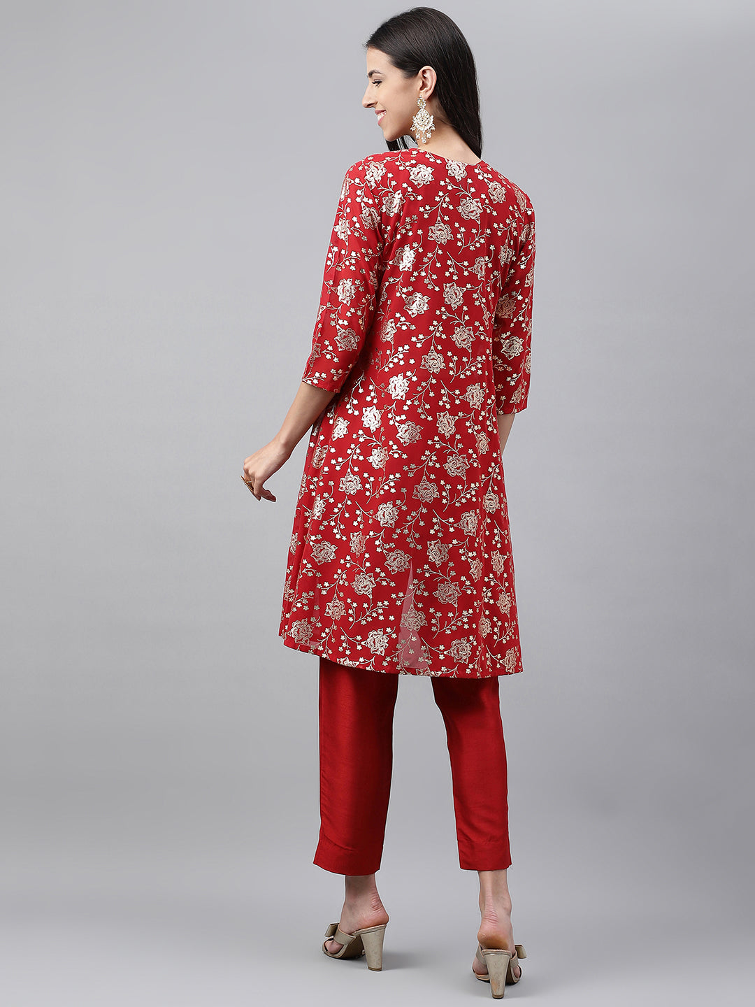 Janasya Women's Red Crepe Silk Solid Crop Top Festive Top Set - Swadesiicart