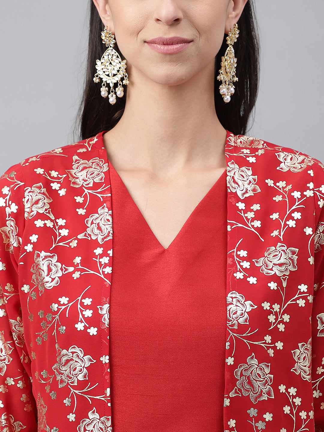 Janasya Women's Red Crepe Silk Solid Crop Top Festive Top Set - Swadesiicart