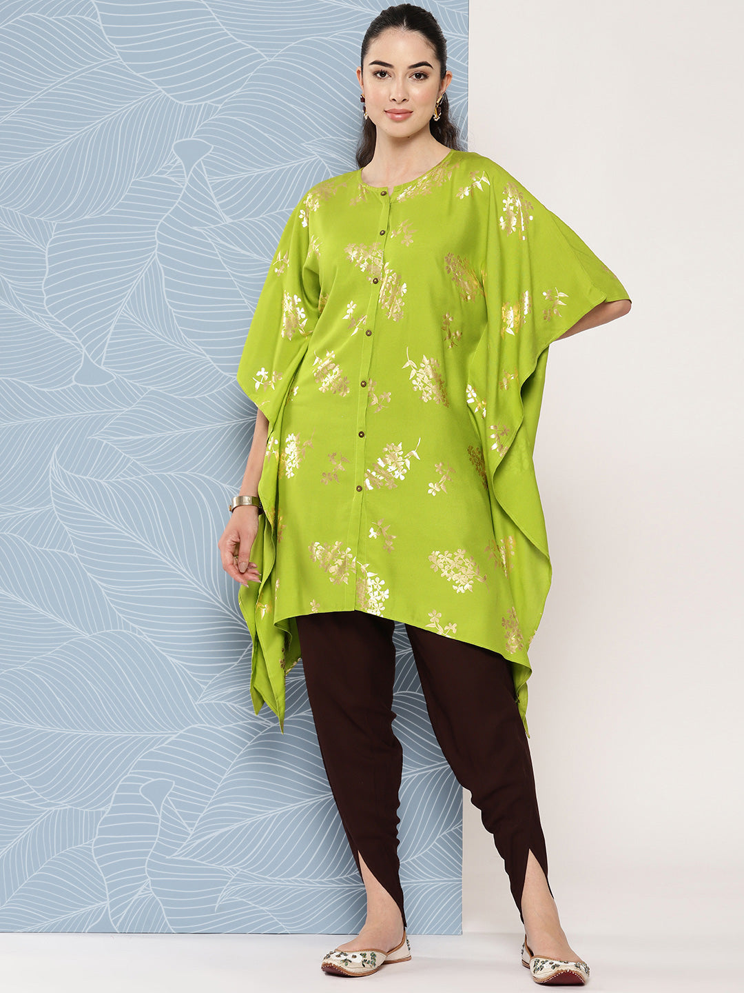 Janasya Women's Lime Green Rayon Foil Printed Kaftan Festive Kurta Set - Swadesiicart