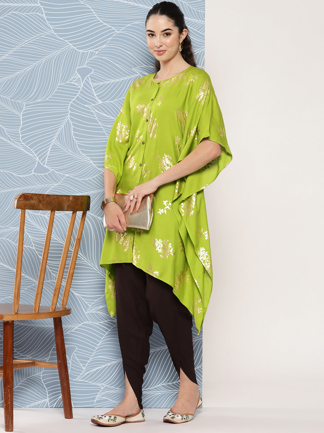 Janasya Women's Lime Green Rayon Foil Printed Kaftan Festive Kurta Set - Swadesiicart