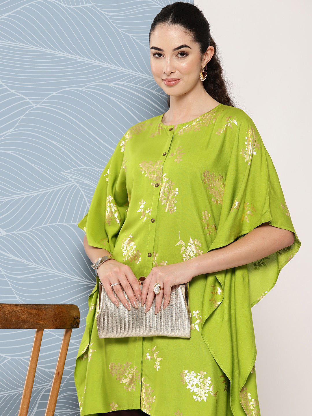 Janasya Women's Lime Green Rayon Foil Printed Kaftan Festive Kurta Set - Swadesiicart