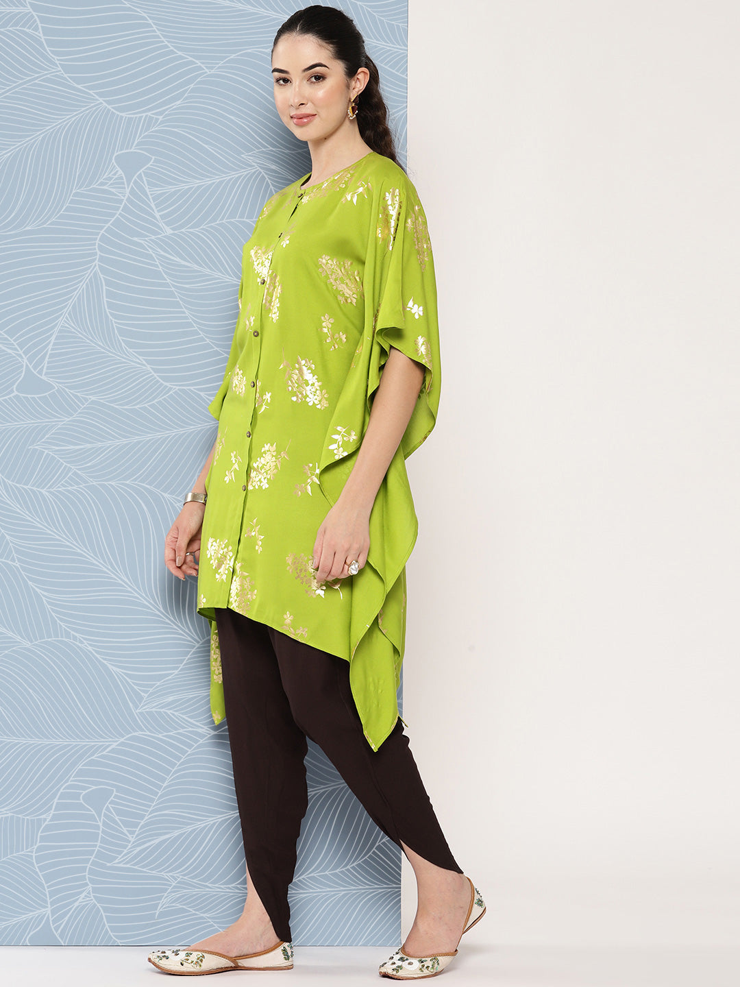 Janasya Women's Lime Green Rayon Foil Printed Kaftan Festive Kurta Set - Swadesiicart