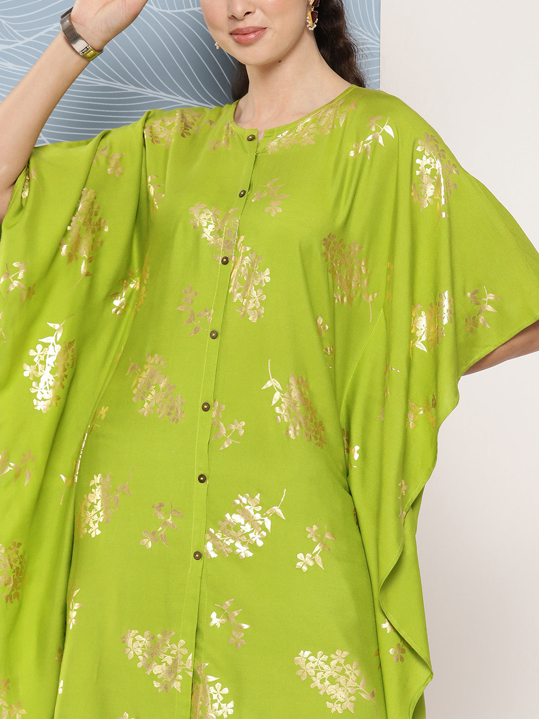Janasya Women's Lime Green Rayon Foil Printed Kaftan Festive Kurta Set - Swadesiicart