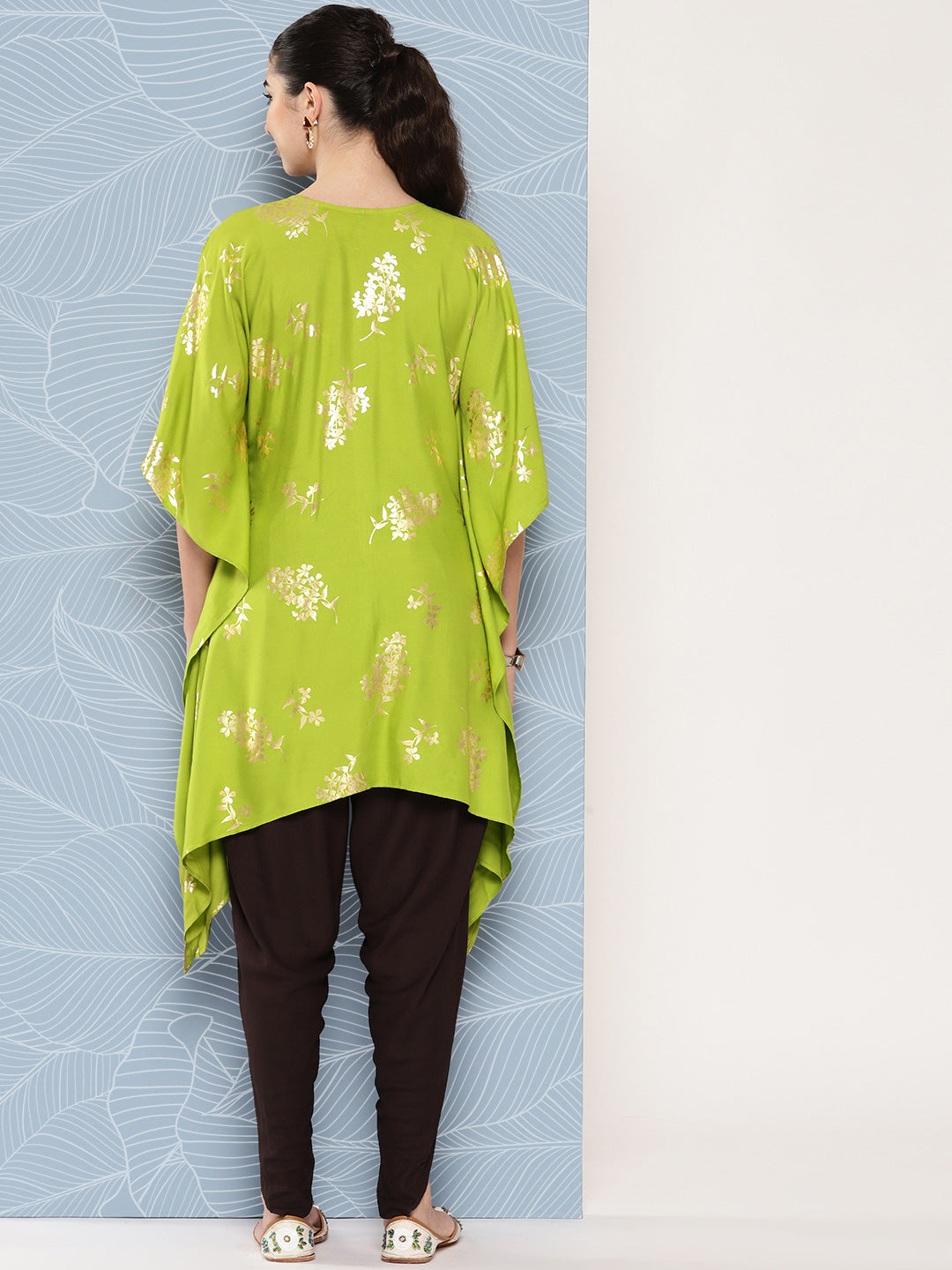 Janasya Women's Lime Green Rayon Foil Printed Kaftan Festive Kurta Set - Swadesiicart