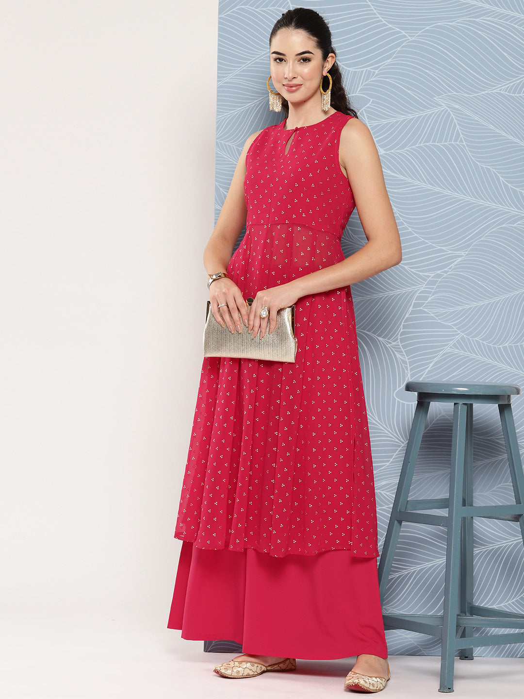 Janasya Women's Pink Georgette Foil Printed Panelled Festive Kurta Set | Swadesiicart